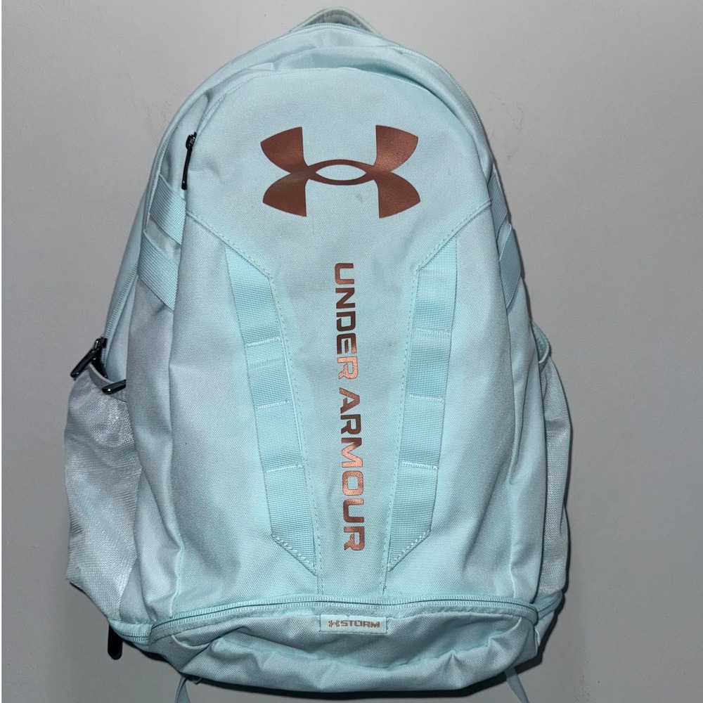 Under Armour Hustle 5.0 Backpack Light Blue Rose Gold UA Storm School Gym Bag
